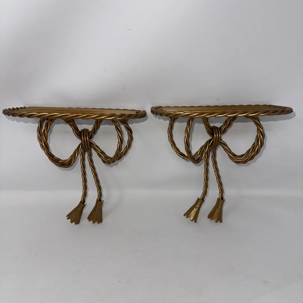 2 Vintage Home Interiors Gold Metal Twisted Bow Shelves Decor